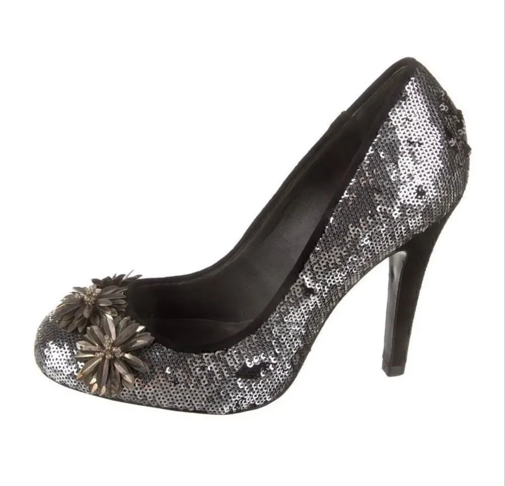 Tory Burch Sequin Embellished Pump Heels Silver Gold Metallic Evening Glam 7.5